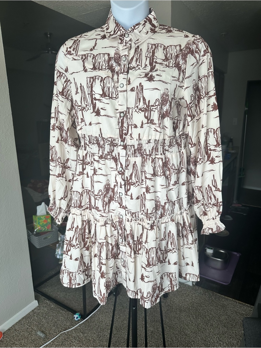 Long-Sleeve Cream Dress with Brown Scenic Print